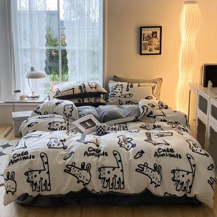 91家纺网 家纺一手货源 找家纺 红嘴企鹅 2025新款棉加绒保暖四件套含买家秀 可爱喵-棉绒