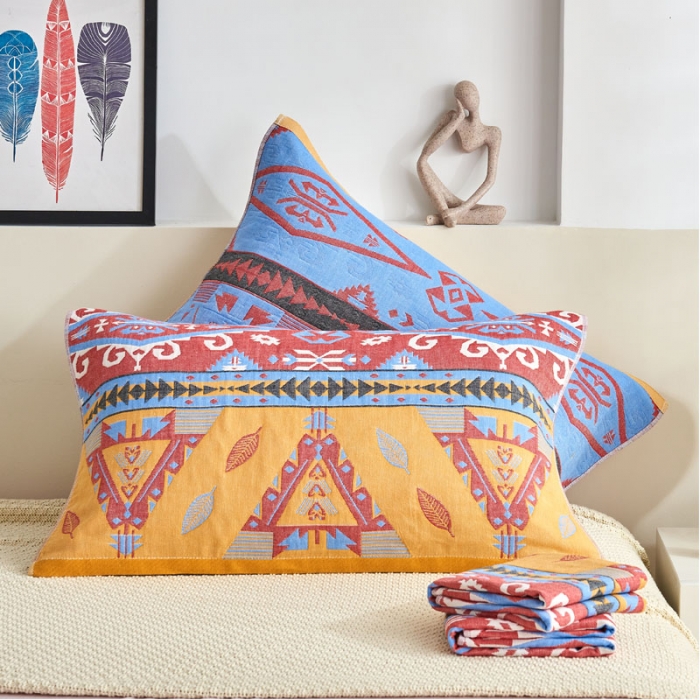 91家纺网 家纺一手货源 找家纺 朴尔 2023年民族风彩棉系列四层纱布枕巾 旧金山黄