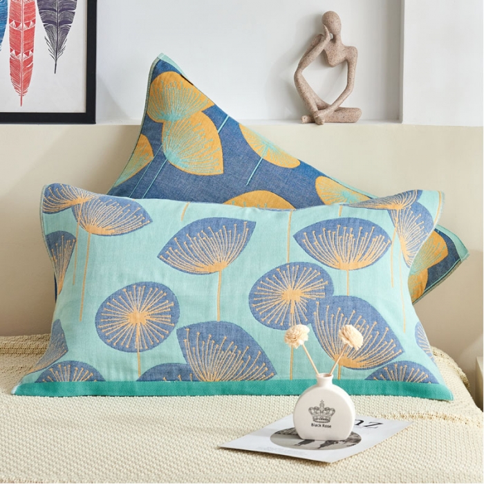 91家纺网 家纺一手货源 找家纺 朴尔 2023年民族风彩棉系列四层纱布枕巾 梦幻蒲公英绿