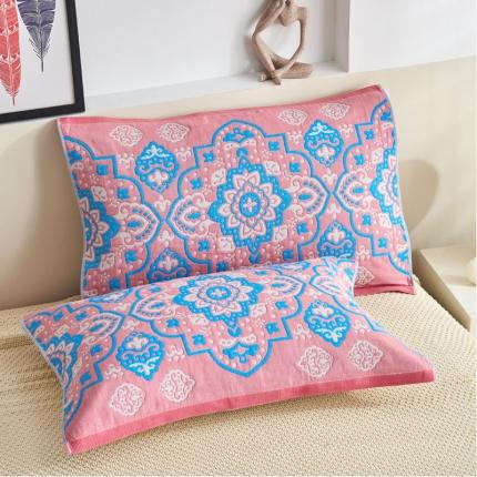 朴尔 2023年民族风彩棉系列四层纱布枕巾 普罗旺斯-粉