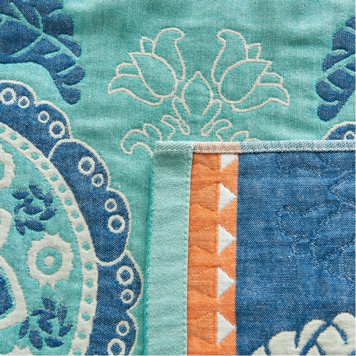 91家纺网 家纺一手货源 找家纺 朴尔 2023年民族风彩棉系列四层纱布枕巾 太阳花绿