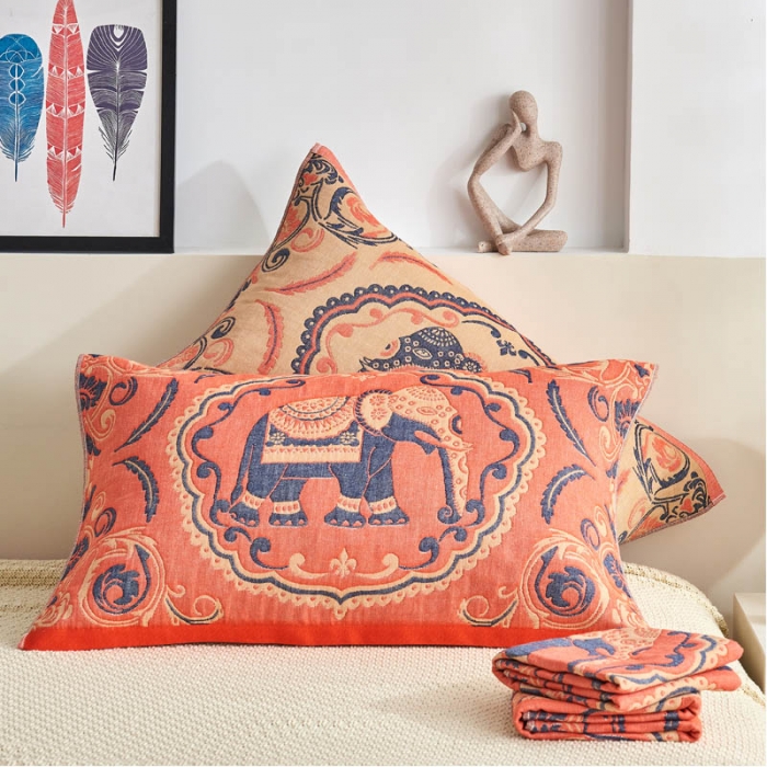 91家纺网 家纺一手货源 找家纺 朴尔 2023年民族风彩棉系列四层纱布枕巾 印象派橘