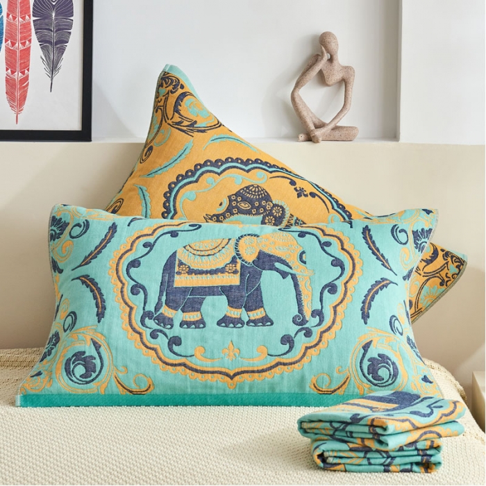 91家纺网 家纺一手货源 找家纺 朴尔 2023年民族风彩棉系列四层纱布枕巾 印象派绿