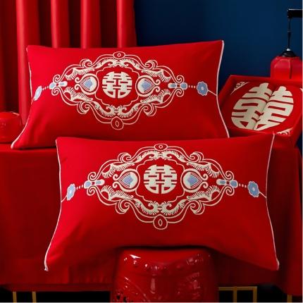 91家纺网 家纺一手货源 找家纺 朴尔2023年婚庆系列大红四层纱布枕巾 花好月圆