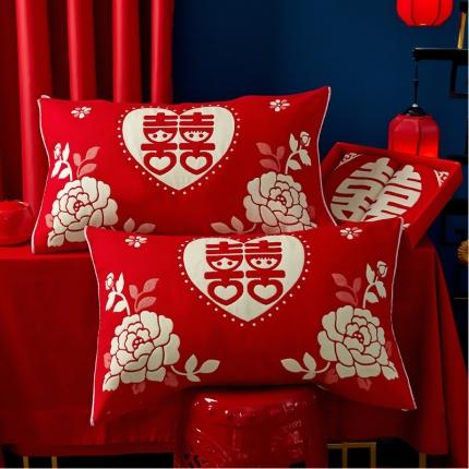 91家纺网 家纺一手货源 找家纺 朴尔2023年婚庆系列大红四层纱布枕巾 双喜临门