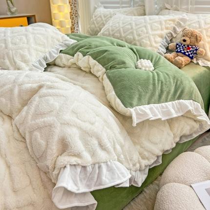 91家纺网 家纺一手货源 找家纺 澳梵 2023新款温柔梦境花梦塔芙绒韩版四件套 格子铺-奶白绿