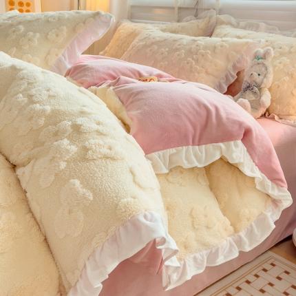 91家纺网 家纺一手货源 找家纺 澳梵 2023新款温柔梦境花梦塔芙绒韩版四件套 花梦-粉白