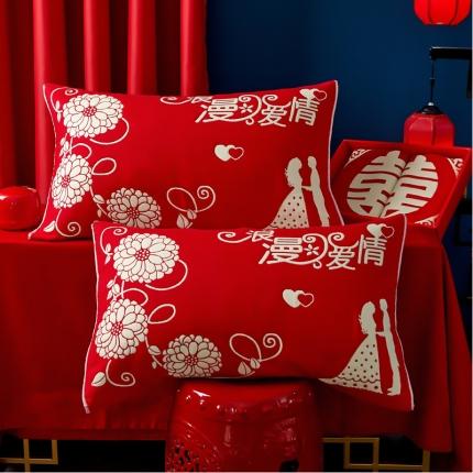 朴尔2023年婚庆系列大红四层纱布枕巾 浪漫爱情