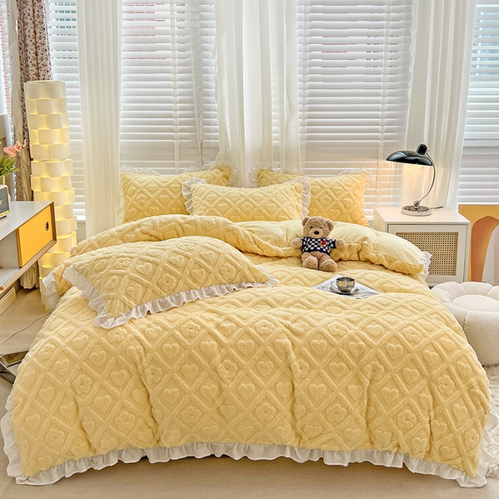 91家纺网 家纺一手货源 找家纺 澳梵 2023新款温柔梦境花梦塔芙绒韩版四件套 格子铺-黄色