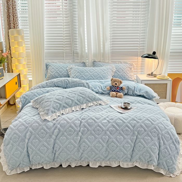 91家纺网 家纺一手货源 找家纺 澳梵 2023新款温柔梦境花梦塔芙绒韩版四件套 格子铺-蓝色