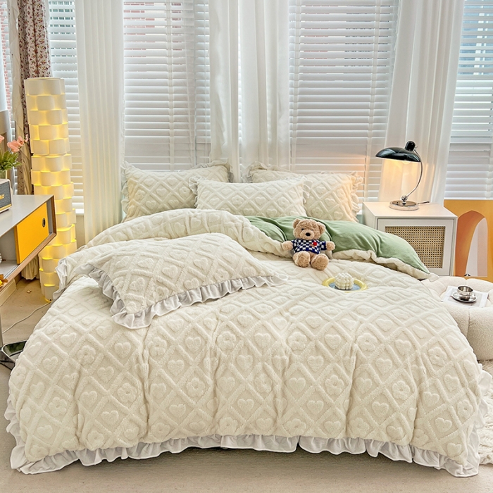 91家纺网 家纺一手货源 找家纺 澳梵 2023新款温柔梦境花梦塔芙绒韩版四件套 格子铺-奶白绿