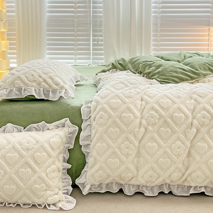 91家纺网 家纺一手货源 找家纺 澳梵 2023新款温柔梦境花梦塔芙绒韩版四件套 格子铺-奶白绿