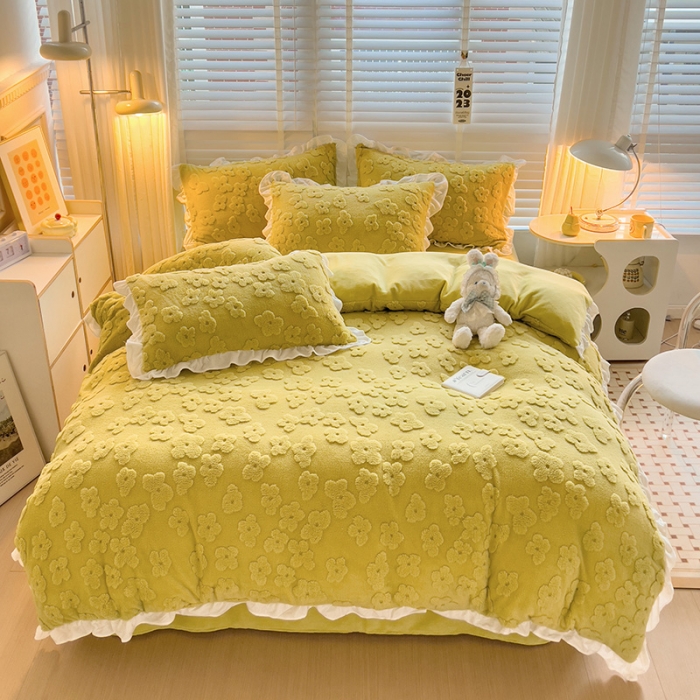 91家纺网 家纺一手货源 找家纺 澳梵 2023新款温柔梦境花梦塔芙绒韩版四件套 花梦-豆绿