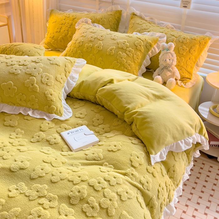 91家纺网 家纺一手货源 找家纺 澳梵 2023新款温柔梦境花梦塔芙绒韩版四件套 花梦-豆绿