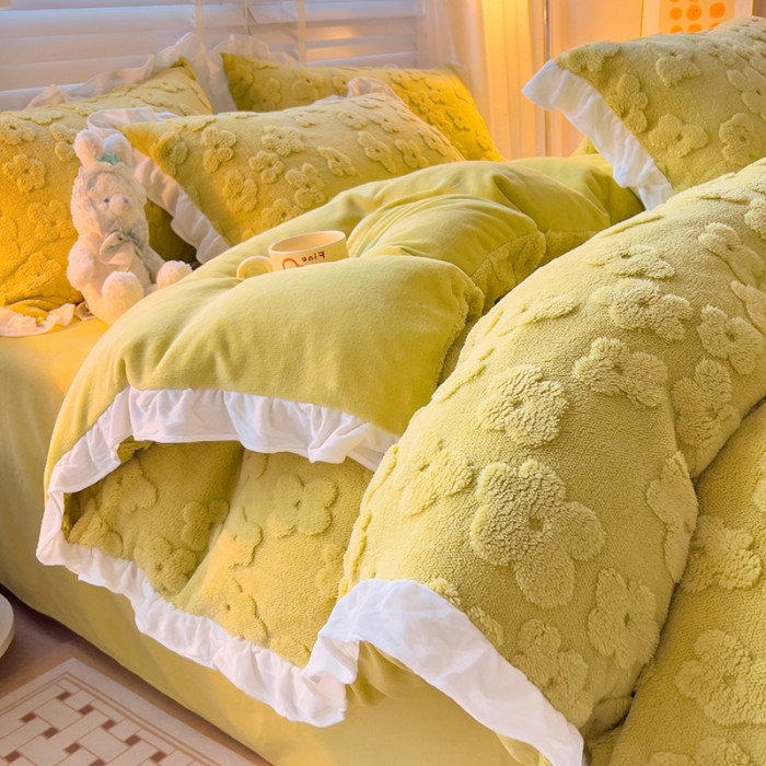 91家纺网 家纺一手货源 找家纺 澳梵 2023新款温柔梦境花梦塔芙绒韩版四件套 花梦-豆绿