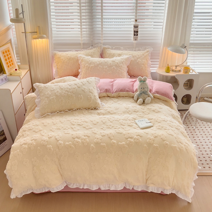 91家纺网 家纺一手货源 找家纺 澳梵 2023新款温柔梦境花梦塔芙绒韩版四件套 花梦-粉白