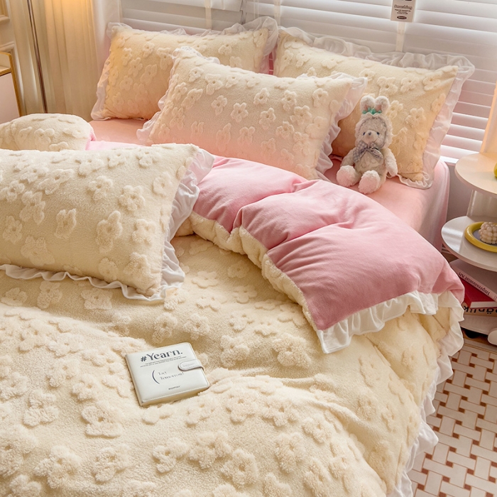 91家纺网 家纺一手货源 找家纺 澳梵 2023新款温柔梦境花梦塔芙绒韩版四件套 花梦-粉白