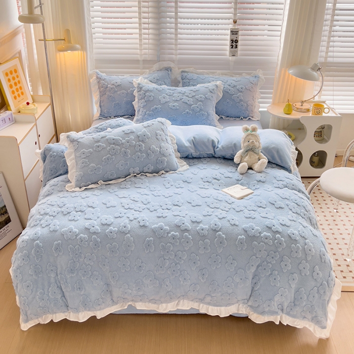 91家纺网 家纺一手货源 找家纺 澳梵 2023新款温柔梦境花梦塔芙绒韩版四件套 花梦-蓝