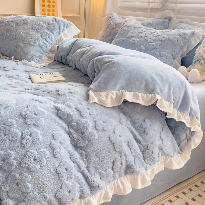 91家纺网 家纺一手货源 找家纺 澳梵 2023新款温柔梦境花梦塔芙绒韩版四件套 花梦-蓝