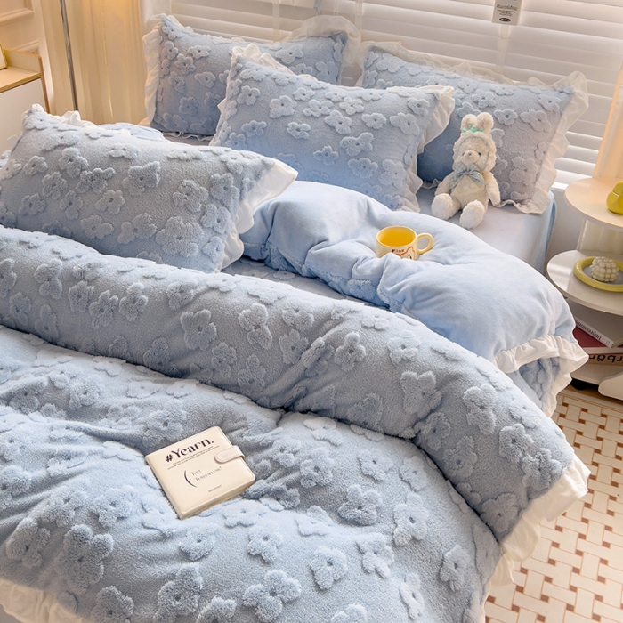 91家纺网 家纺一手货源 找家纺 澳梵 2023新款温柔梦境花梦塔芙绒韩版四件套 花梦-蓝