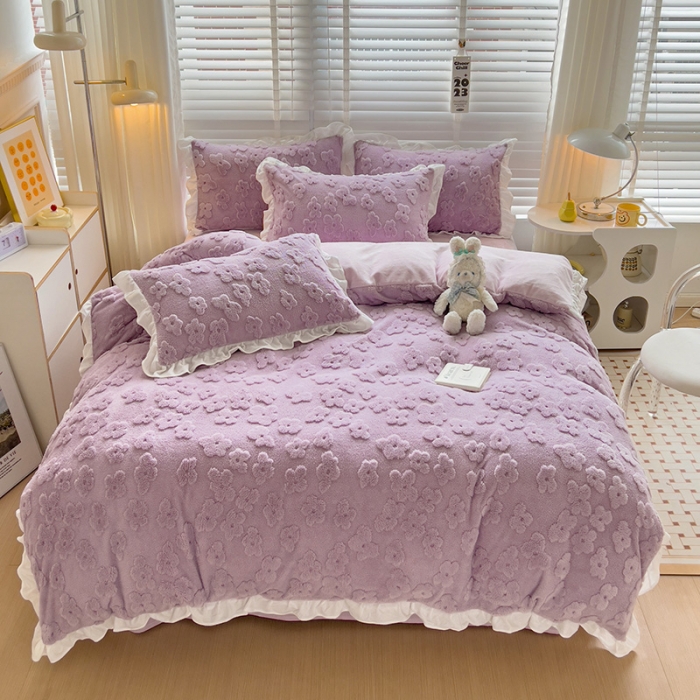 91家纺网 家纺一手货源 找家纺 澳梵 2023新款温柔梦境花梦塔芙绒韩版四件套 花梦-紫色