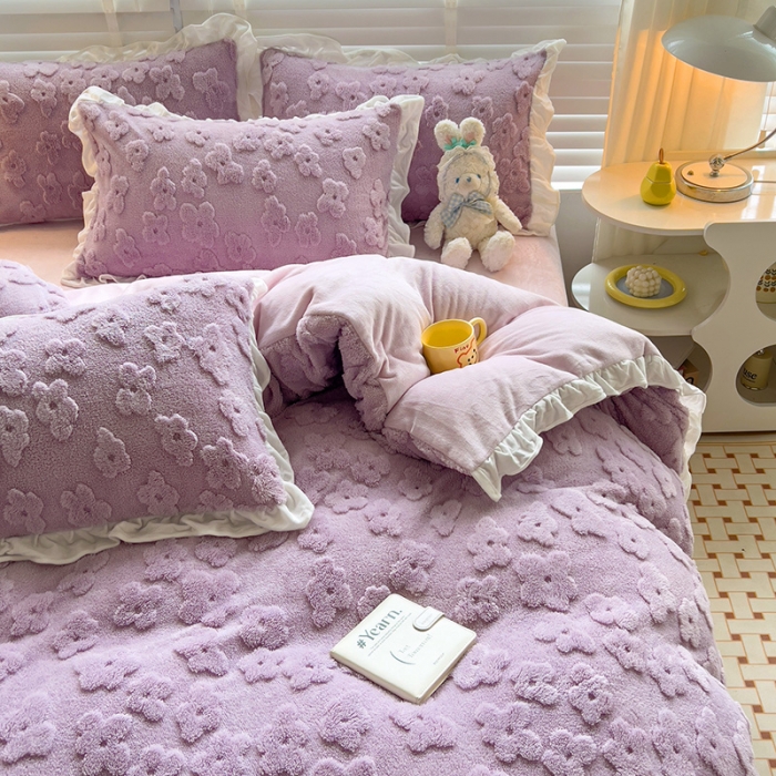 91家纺网 家纺一手货源 找家纺 澳梵 2023新款温柔梦境花梦塔芙绒韩版四件套 花梦-紫色