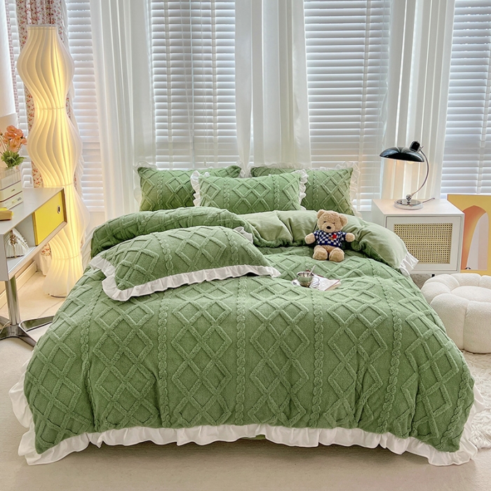 91家纺网 家纺一手货源 找家纺 澳梵 2023新款温柔梦境花梦塔芙绒韩版四件套 温柔梦境-草绿