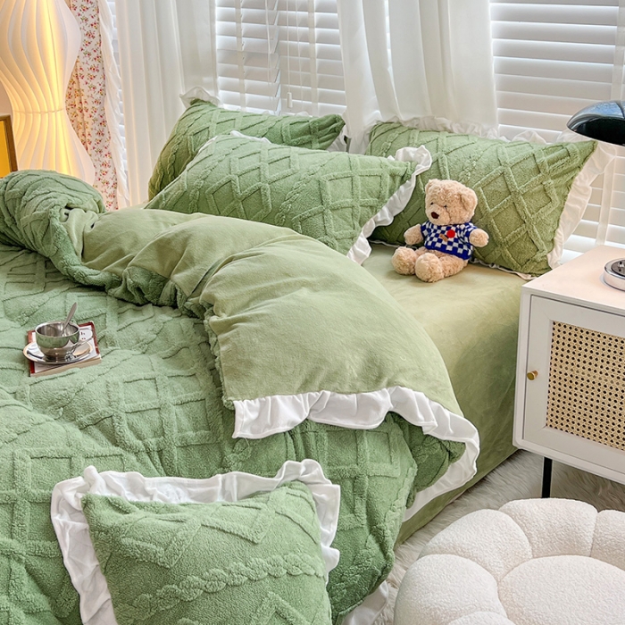 91家纺网 家纺一手货源 找家纺 澳梵 2023新款温柔梦境花梦塔芙绒韩版四件套 温柔梦境-草绿