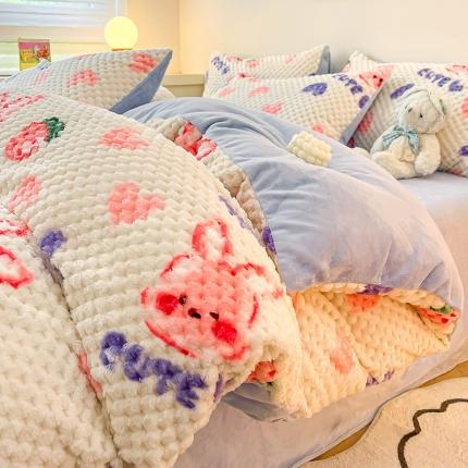 澳梵家居 2023新款印花豆豆绒牛奶绒四件套 爱心草莓兔