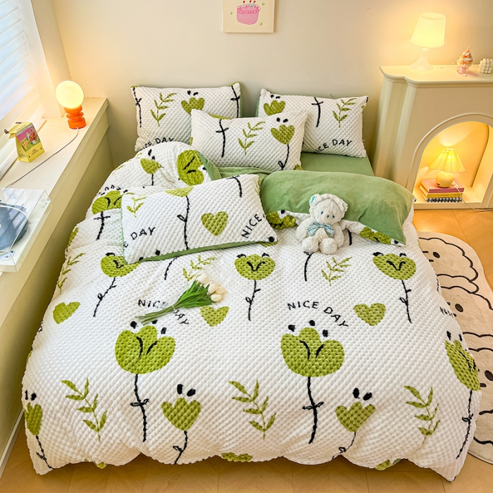 91家纺网 家纺一手货源 找家纺 澳梵家居 2023新款印花豆豆绒牛奶绒四件套 春之物语