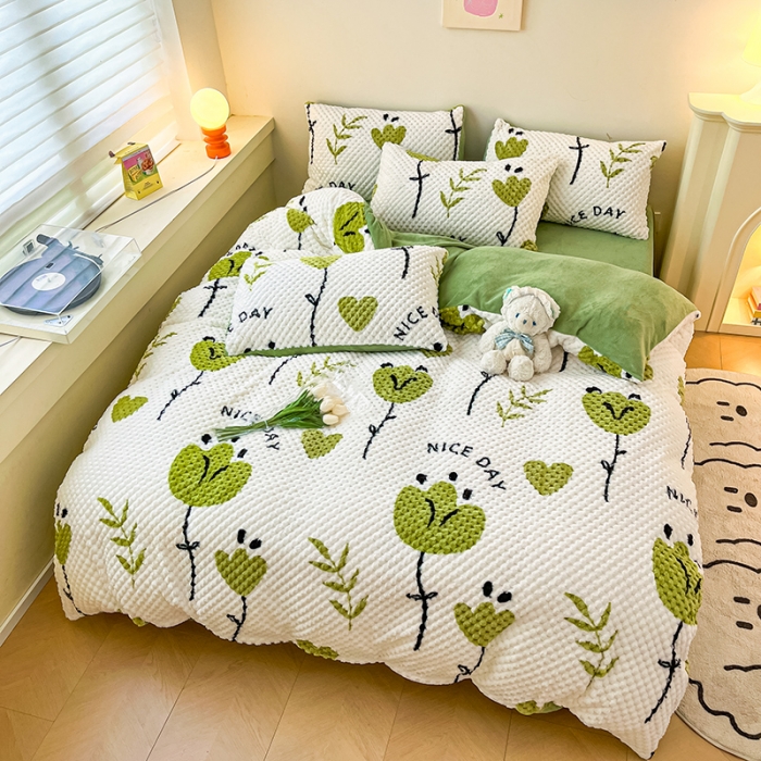 91家纺网 家纺一手货源 找家纺 澳梵家居 2023新款印花豆豆绒牛奶绒四件套 春之物语