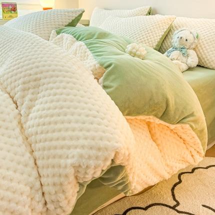 澳梵家居 2023新款印花豆豆绒牛奶绒四件套 豆豆-白绿