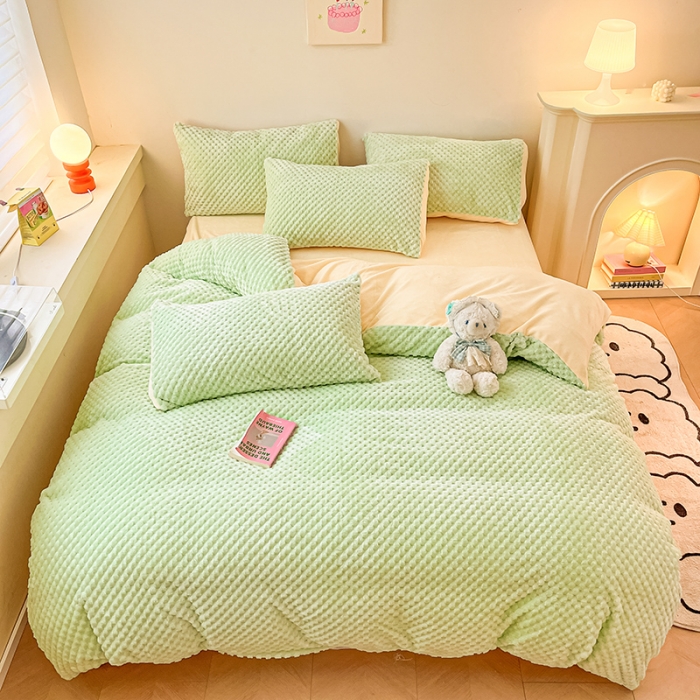 91家纺网 家纺一手货源 找家纺 澳梵家居 2023新款印花豆豆绒牛奶绒四件套 豆豆-嫩绿