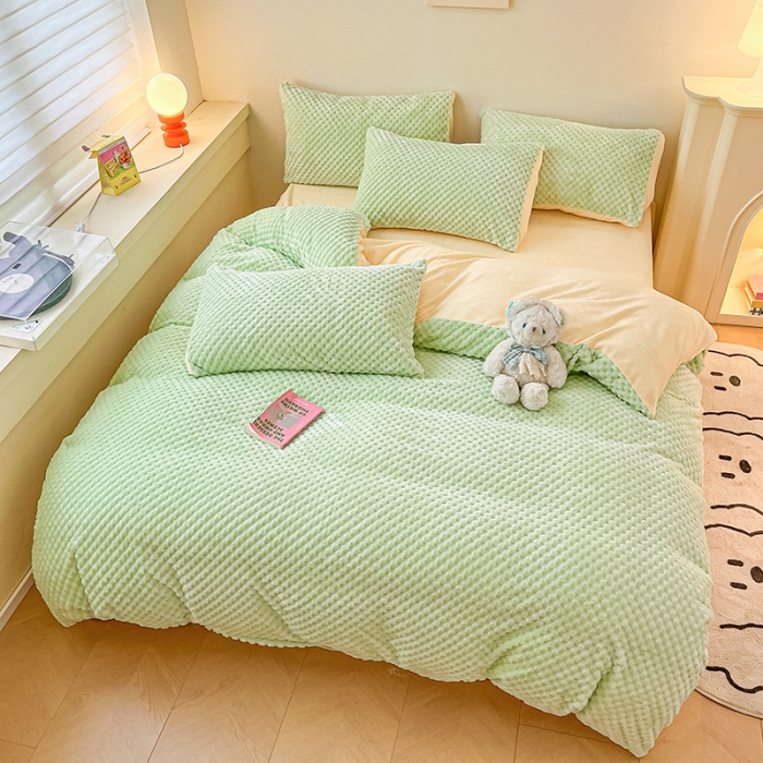 91家纺网 家纺一手货源 找家纺 澳梵家居 2023新款印花豆豆绒牛奶绒四件套 豆豆-嫩绿