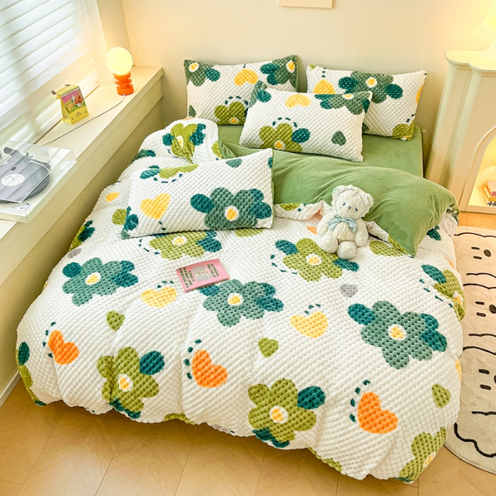 91家纺网 家纺一手货源 找家纺 澳梵家居 2023新款印花豆豆绒牛奶绒四件套 绿色心情