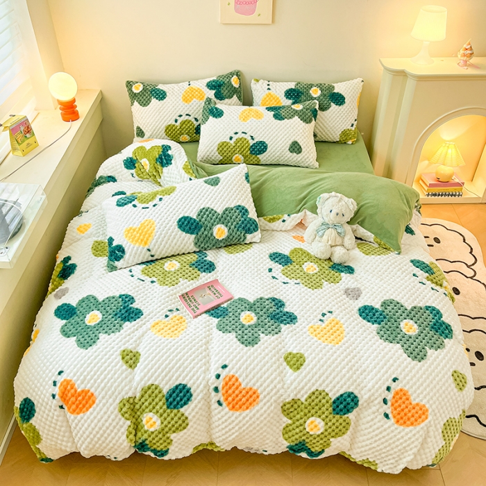 91家纺网 家纺一手货源 找家纺 澳梵家居 2023新款印花豆豆绒牛奶绒四件套 绿色心情