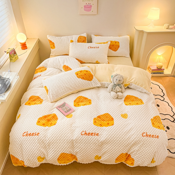 91家纺网 家纺一手货源 找家纺 澳梵家居 2023新款印花豆豆绒牛奶绒四件套 奶酪芝士