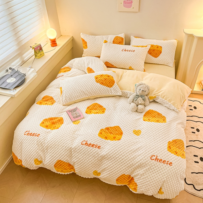 91家纺网 家纺一手货源 找家纺 澳梵家居 2023新款印花豆豆绒牛奶绒四件套 奶酪芝士