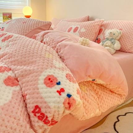 澳梵家居 2023新款印花豆豆绒牛奶绒四件套 奶油味兔兔