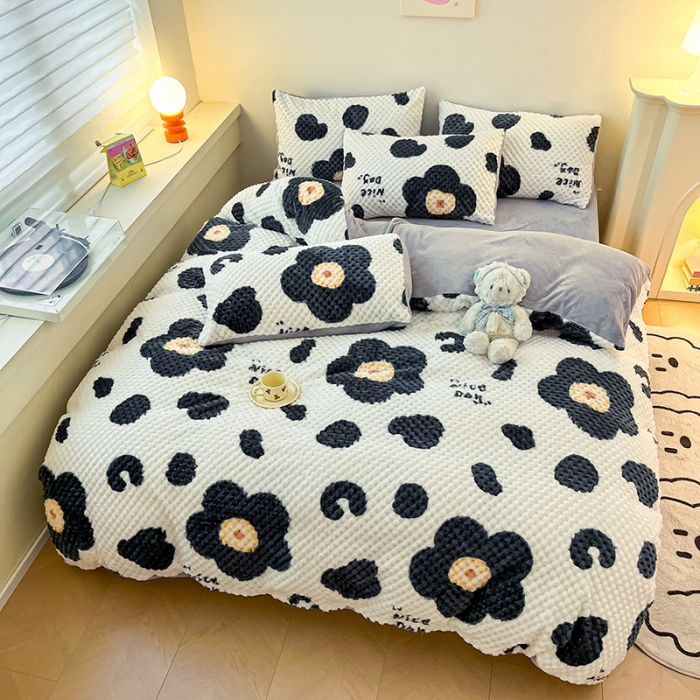 91家纺网 家纺一手货源 找家纺 澳梵家居 2023新款印花豆豆绒牛奶绒四件套 向阳花开