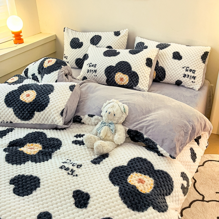 91家纺网 家纺一手货源 找家纺 澳梵家居 2023新款印花豆豆绒牛奶绒四件套 向阳花开