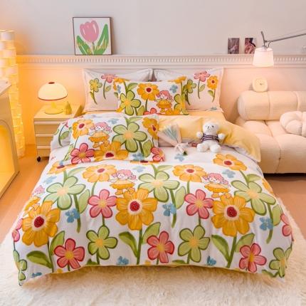 91家纺网 家纺一手货源 找家纺 （总）宜家坊 2023新款小清新加厚印花牛奶绒四件套