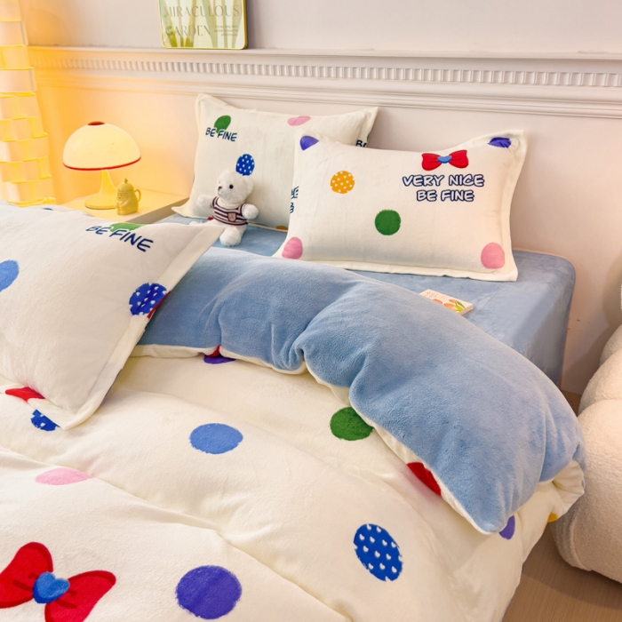 91家纺网 家纺一手货源 找家纺 宜家坊 2023新款小清新加厚印花牛奶绒四件套 简单款-彩色波点