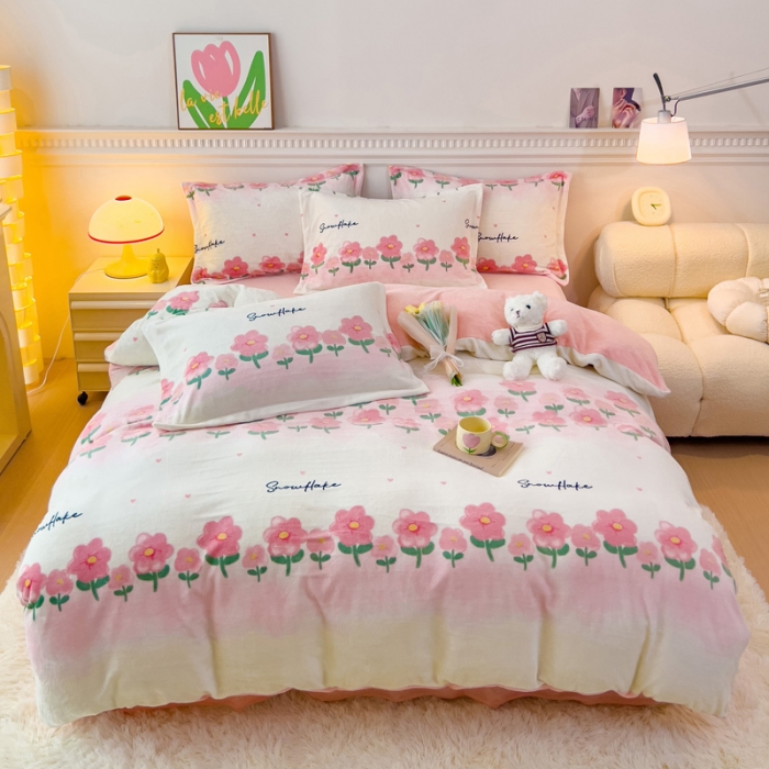 91家纺网 家纺一手货源 找家纺 宜家坊 2023新款小清新加厚印花牛奶绒四件套 简单款-花香四溢