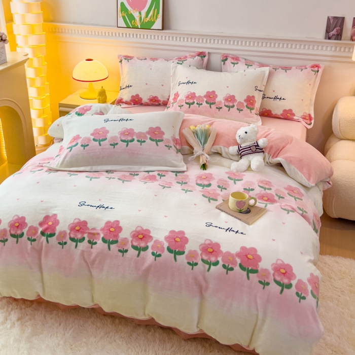 91家纺网 家纺一手货源 找家纺 宜家坊 2023新款小清新加厚印花牛奶绒四件套 简单款-花香四溢