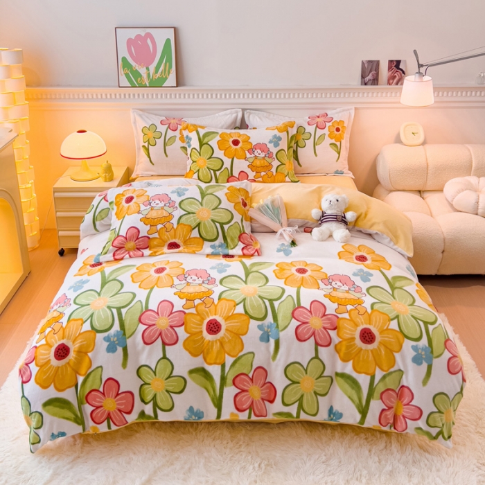 91家纺网 家纺一手货源 找家纺 宜家坊 2023新款小清新加厚印花牛奶绒四件套 简单款-花园女孩