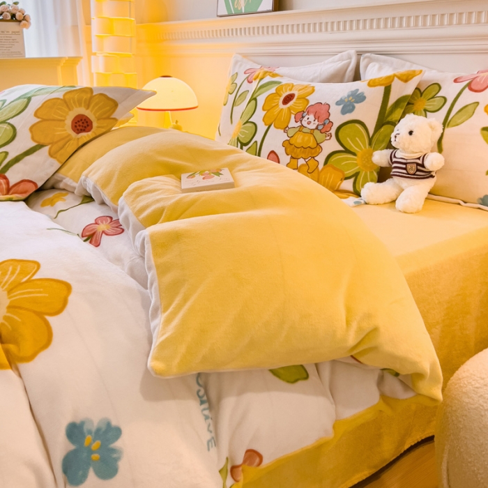 91家纺网 家纺一手货源 找家纺 宜家坊 2023新款小清新加厚印花牛奶绒四件套 简单款-花园女孩