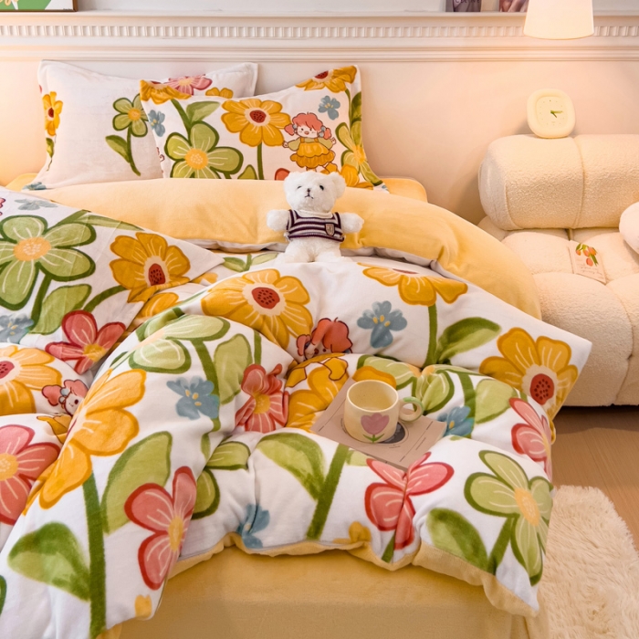 91家纺网 家纺一手货源 找家纺 宜家坊 2023新款小清新加厚印花牛奶绒四件套 简单款-花园女孩