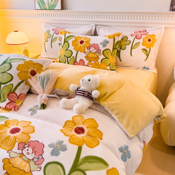 91家纺网 家纺一手货源 找家纺 宜家坊 2023新款小清新加厚印花牛奶绒四件套 简单款-花园女孩