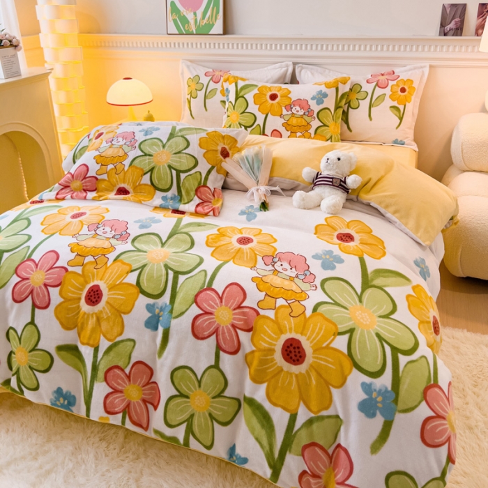 91家纺网 家纺一手货源 找家纺 宜家坊 2023新款小清新加厚印花牛奶绒四件套 简单款-花园女孩